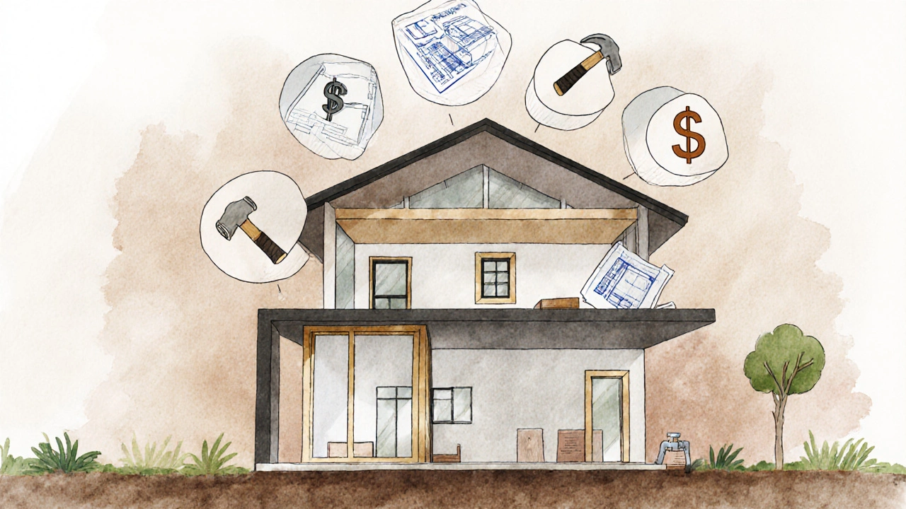 Layered house illustration showing cost breakdown components like foundation, windows, and finishes with floating icons.