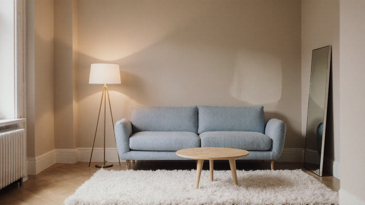 Pale blue sofa against beige walls in a modern studio, illuminated by a warm floor lamp and reflected light.