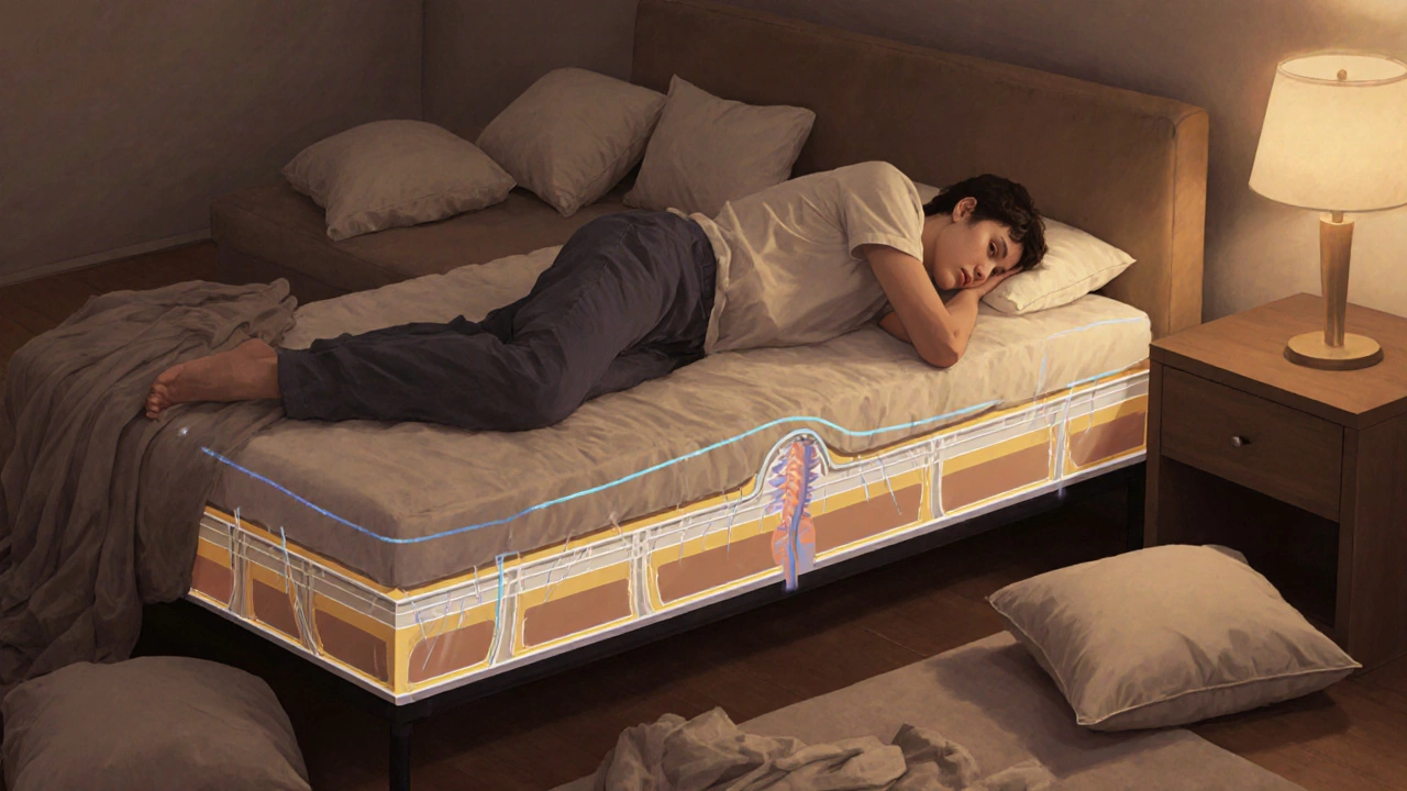 Person lying on a sleeper sofa with visible spine misalignment due to the mattress fold, indicating discomfort.