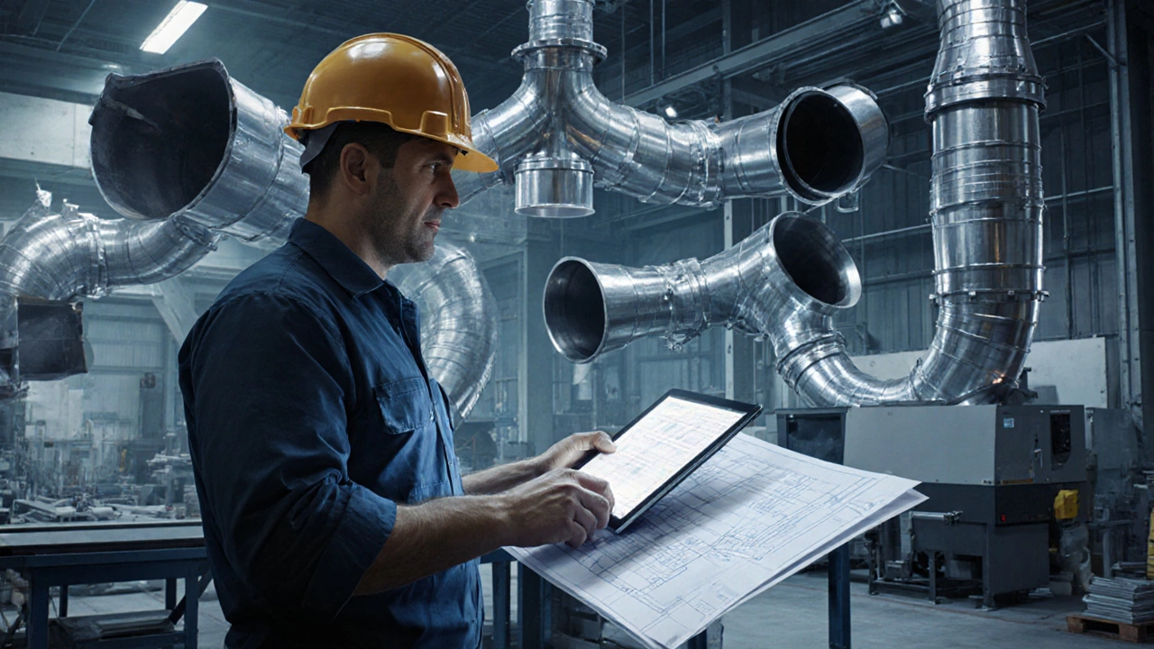 Sheet metal worker in a workshop surrounded by precision-cut HVAC ductwork under industrial lighting.