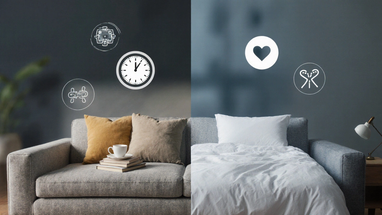 Split view of a sleeper sofa as both a daytime sofa and nighttime bed, symbolizing space-saving trade-offs.