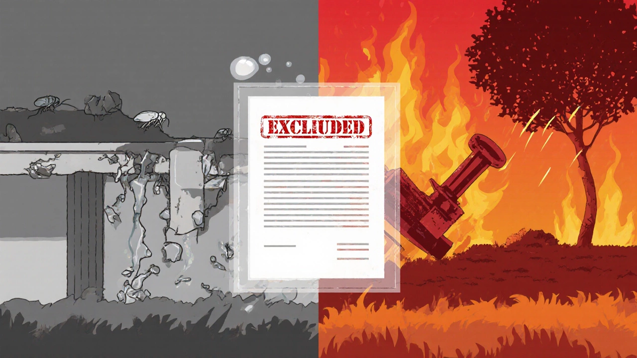 Split visual contrasting slow structural damage with sudden covered perils, symbolizing insurance coverage limits.