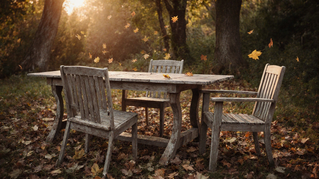 Teak outdoor dining set aged to a silvery patina in a garden, naturally weathered without paint or finish.