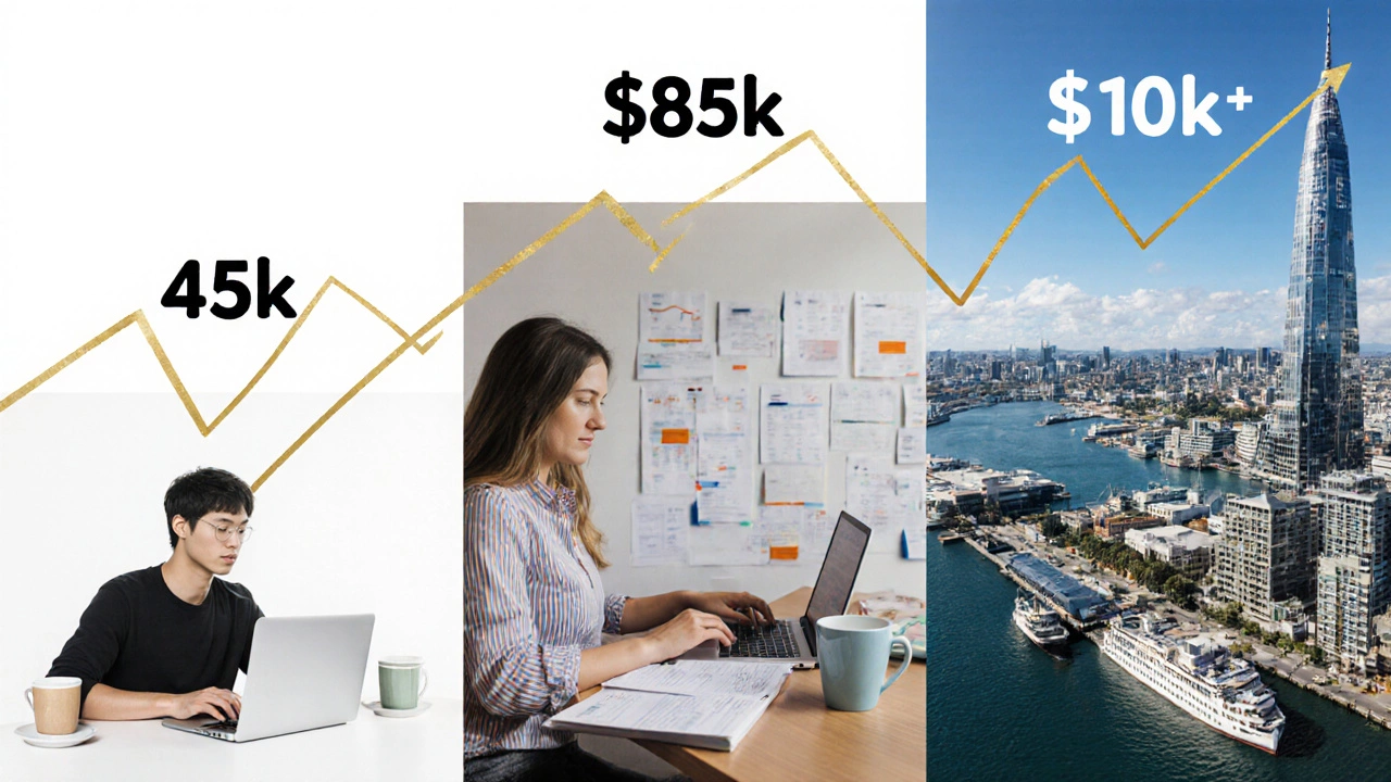 Three stages of a designer&#039;s career progression from entry-level to senior, shown in vertical panels.