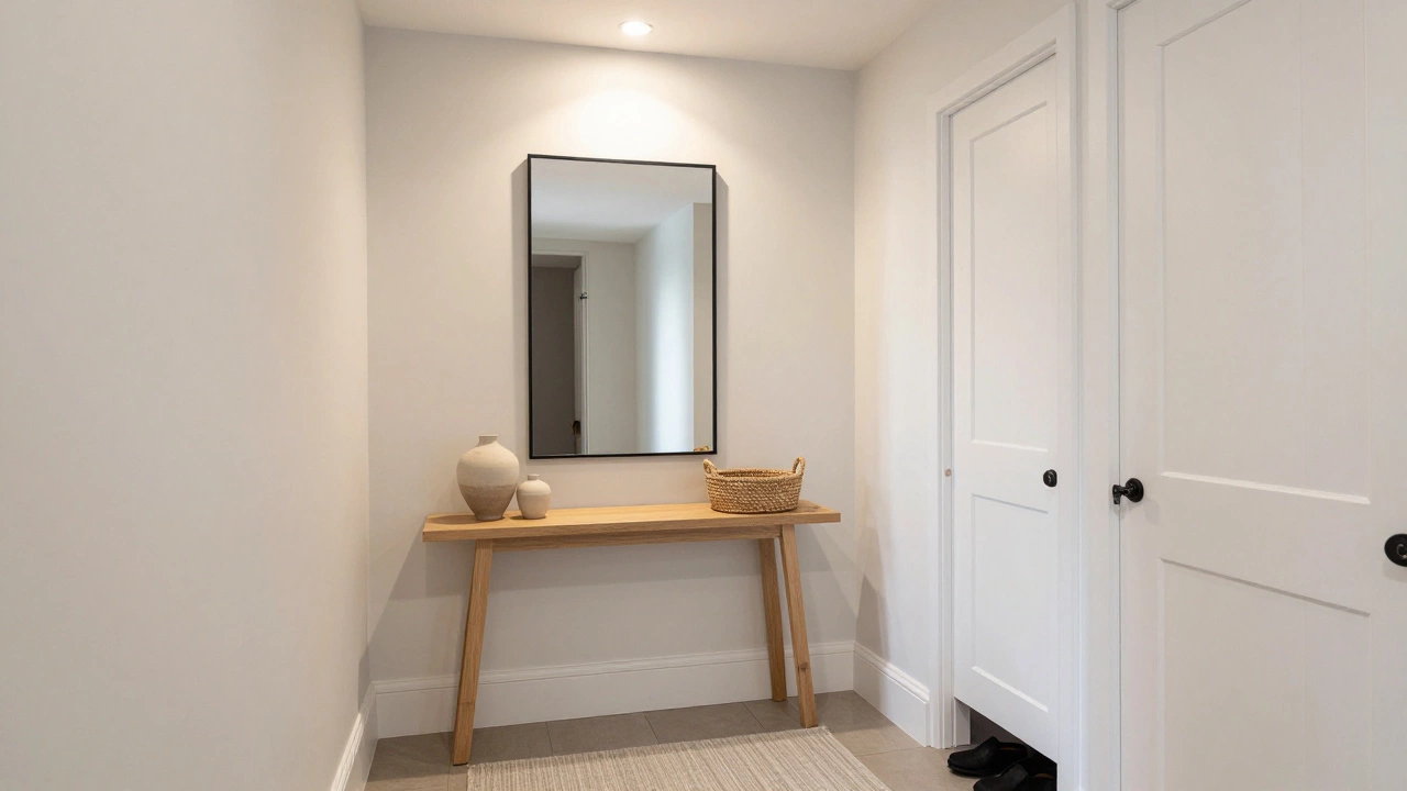A clean entryway with a slim console, large mirror, and minimalist lighting in a traditional home.