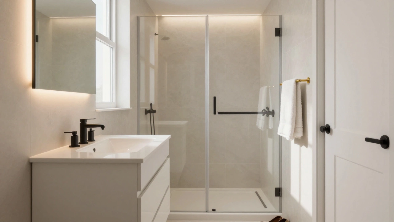 A clean, modern small bathroom with minimalist fixtures and soft natural light.