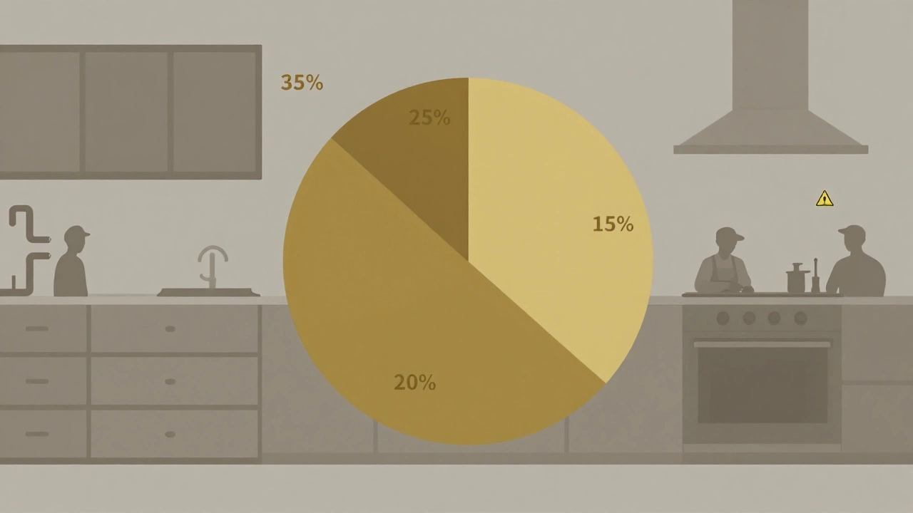 A conceptual kitchen-themed pie chart showing budget allocation for remodel costs in NZ.