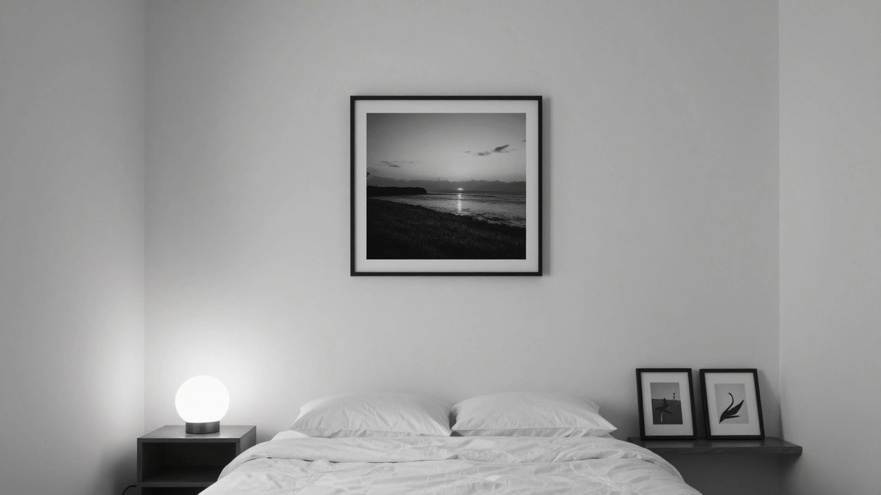 A minimalist bedroom with one photograph above the bed and bare walls, conveying peace and quiet focus.