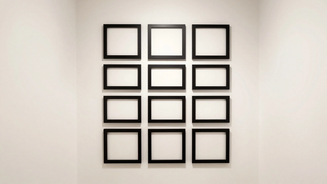 A neatly arranged gallery wall in a hallway with empty walls on either side, highlighting balanced composition.
