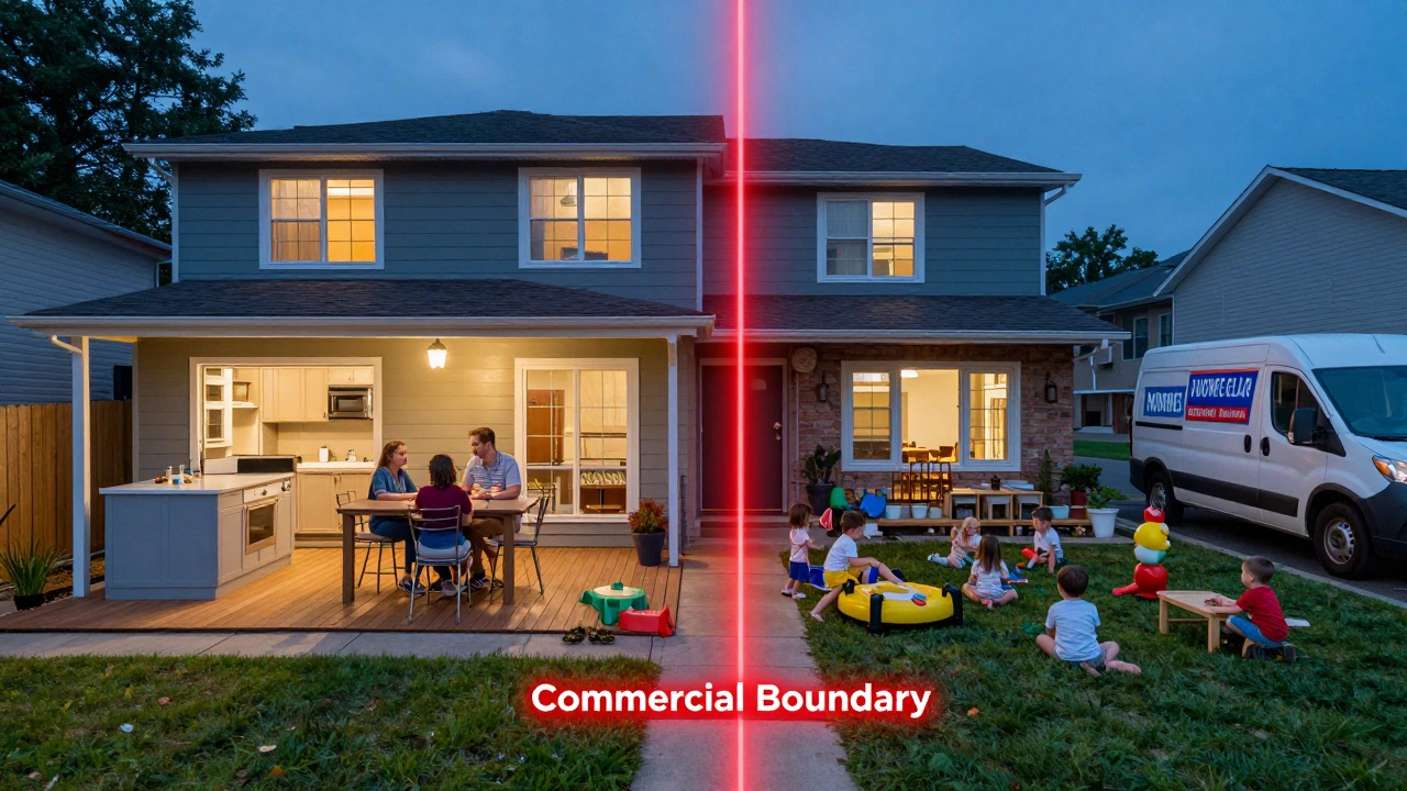 A property divided between residential use and commercial activity, marked by a glowing boundary line.