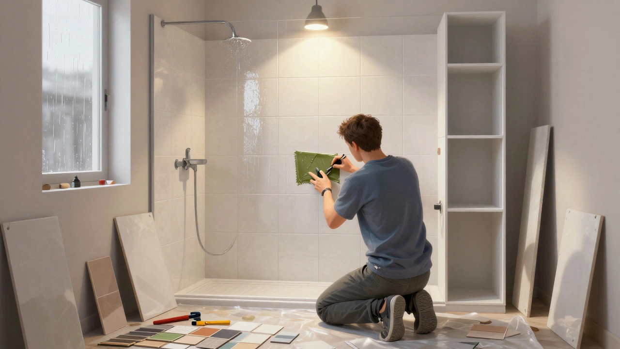 A tiler installing large tiles in a small bathroom under warm task lights.