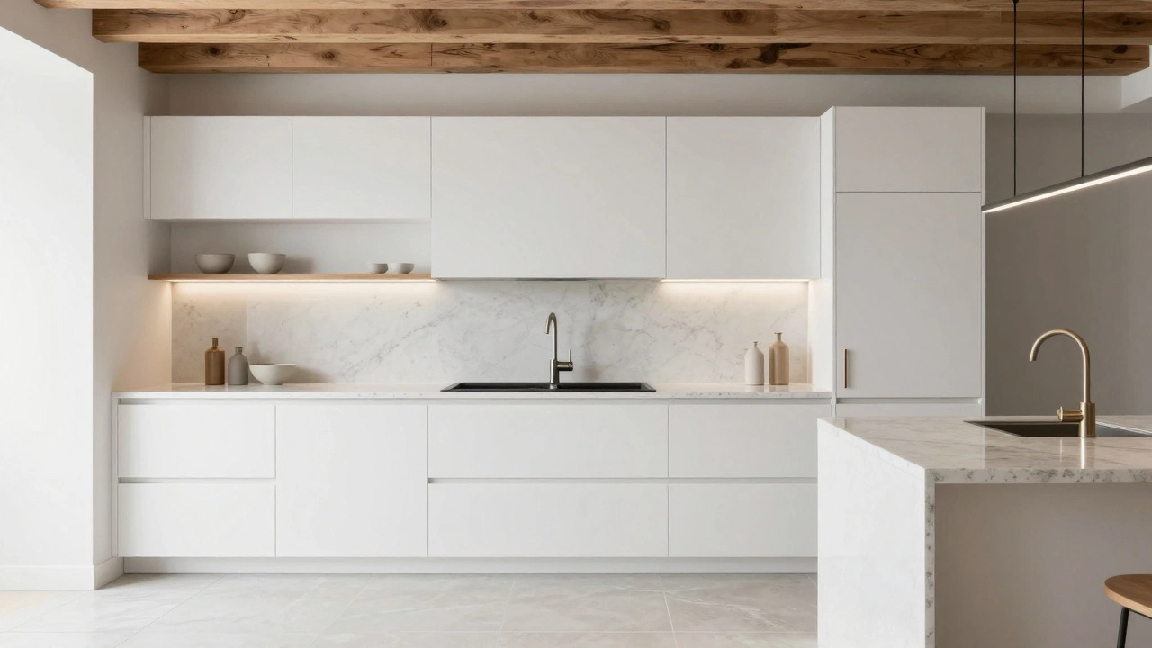 A transformed kitchen with white cabinets, quartz countertops, and matte black fixtures.