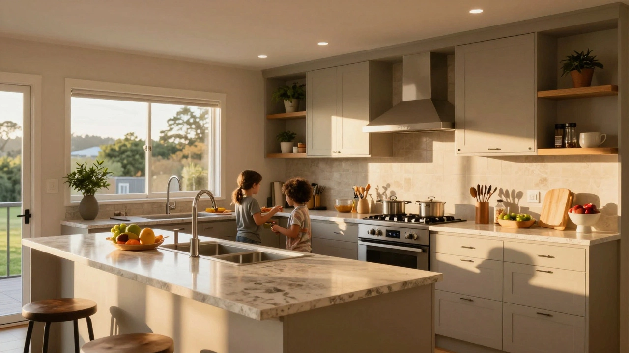 A warm, functional kitchen with neutral tones and natural light, where a family cooks together.