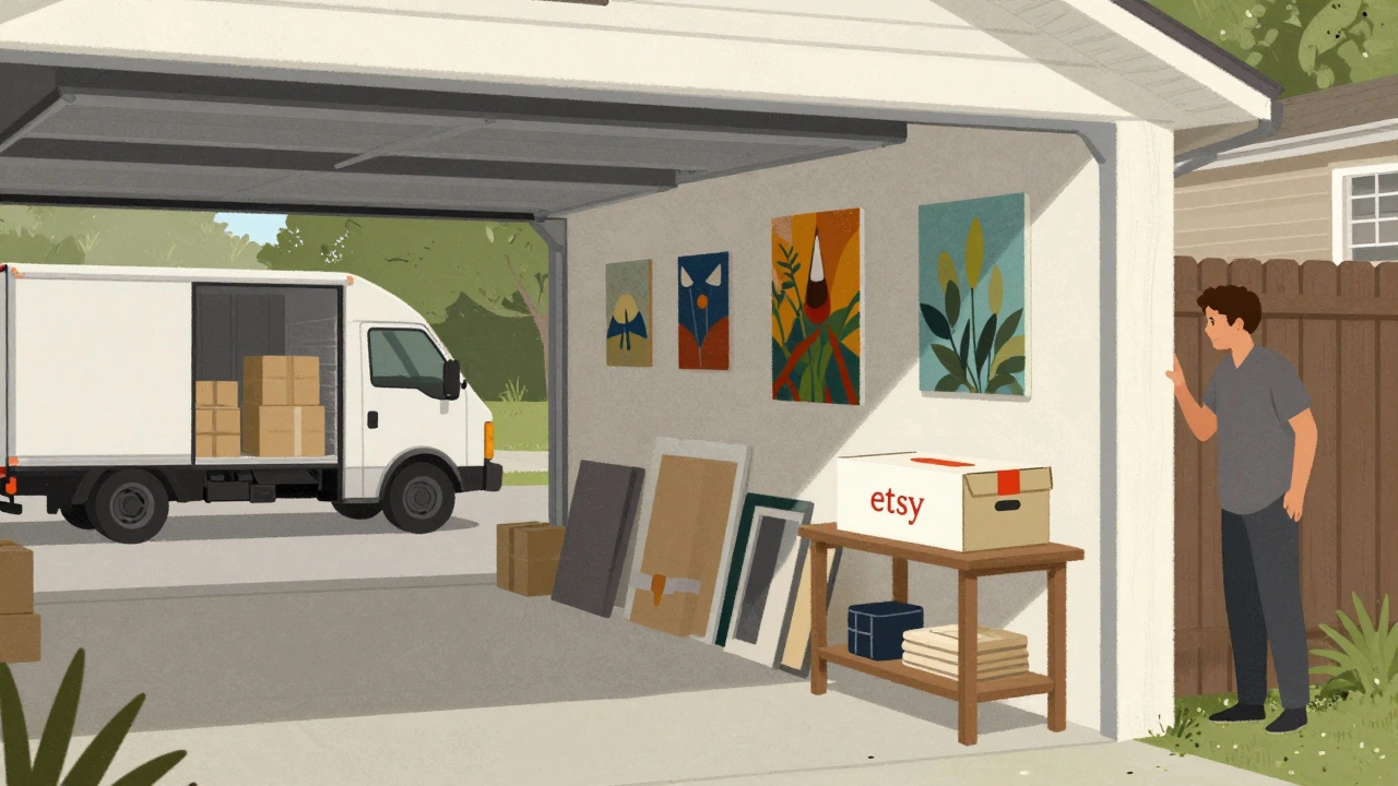 An artist&#039;s garage studio with delivery boxes, no clients present, hinting at hidden online business.