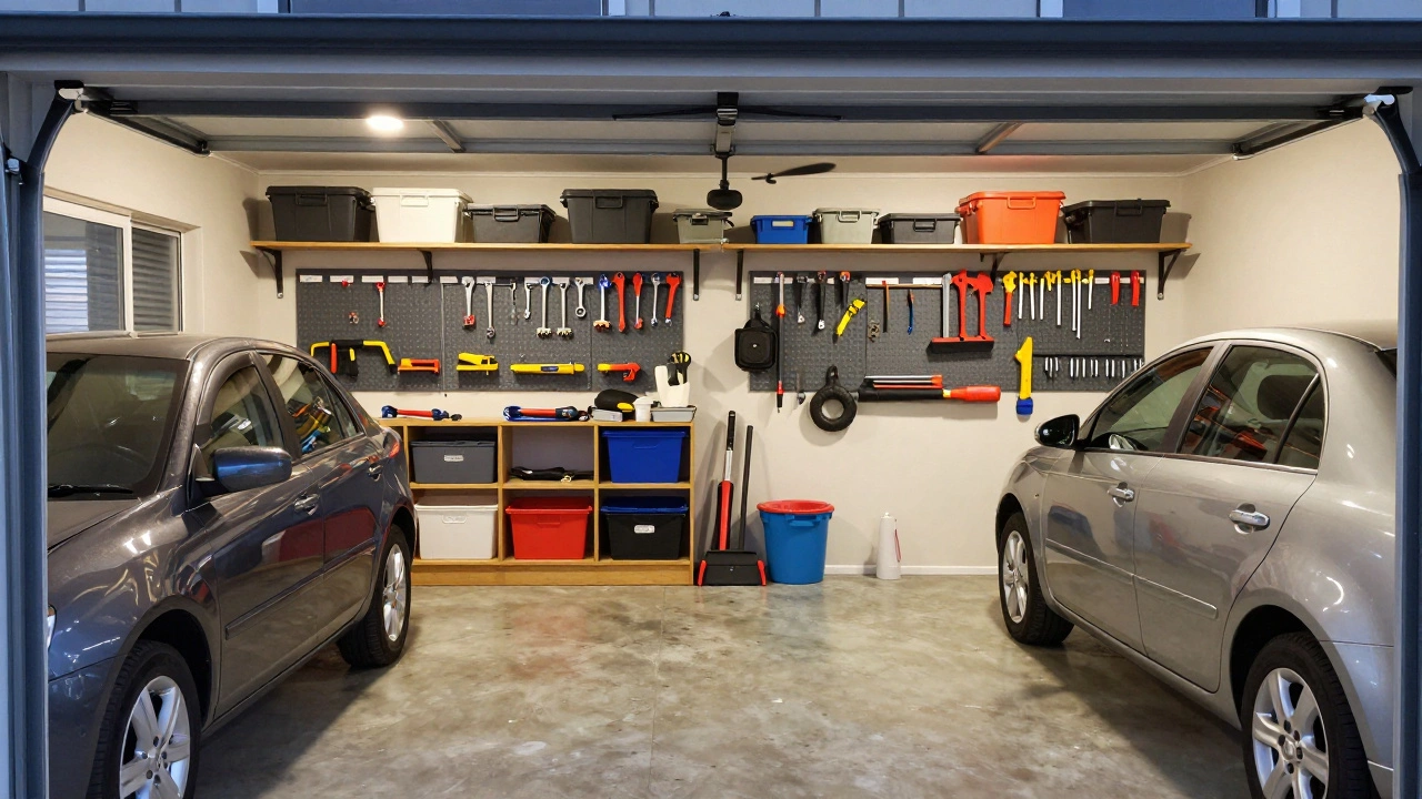 Clean, organized garage with wall racks, storage bins, and two parked cars.