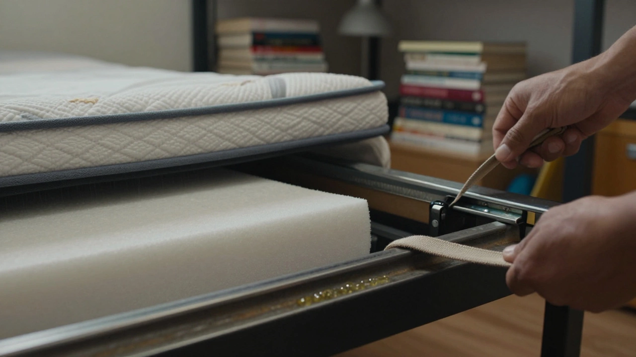 Close-up of a China bed's metal sliding rails and fabric pull strap, showing signs of wear and lubrication.