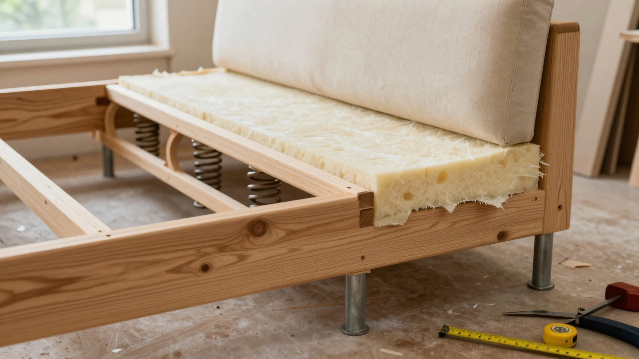 Close-up of a durable corner sofa frame with wood joints and springs.