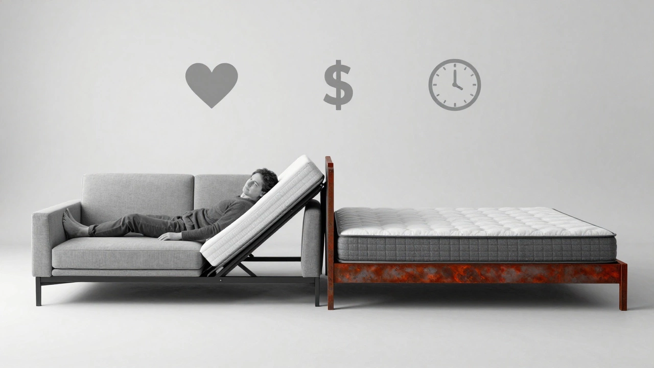 Conceptual split image contrasting a failing modern sofa bed with a durable China bed symbolizing longevity.