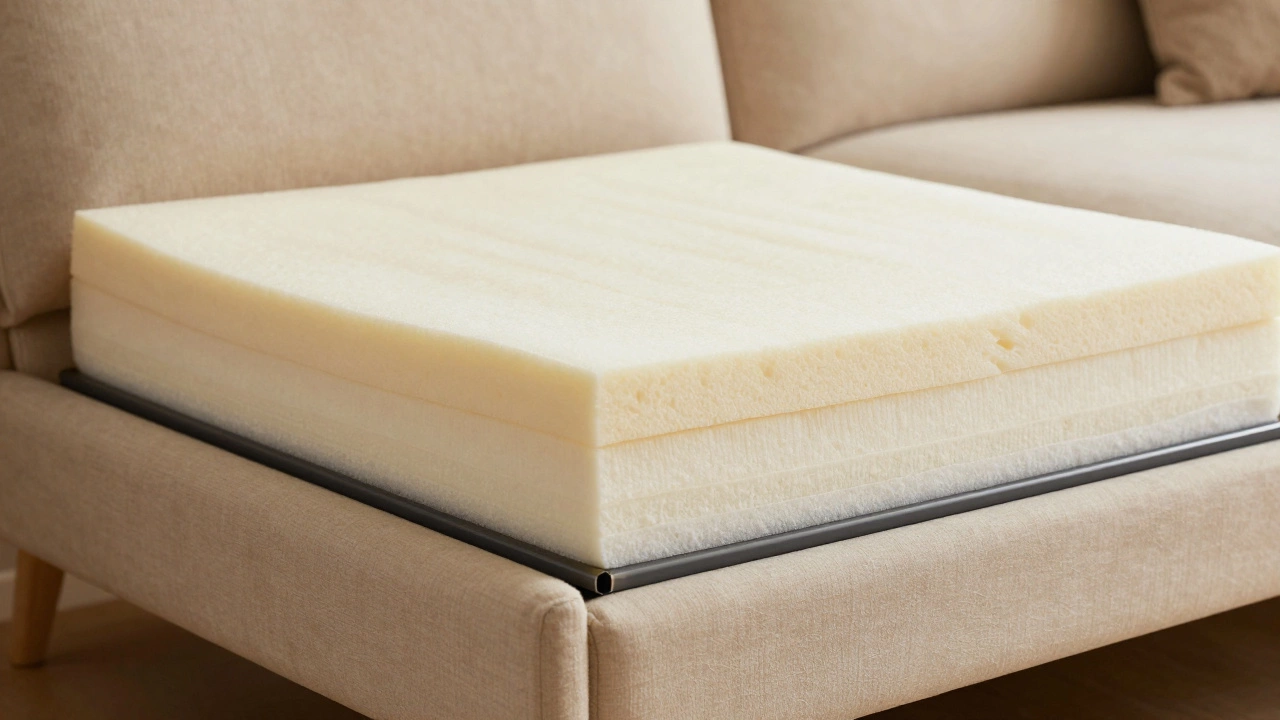 Cross-section of a high-density foam sofa bed cushion showing layered materials and reinforced steel frame.