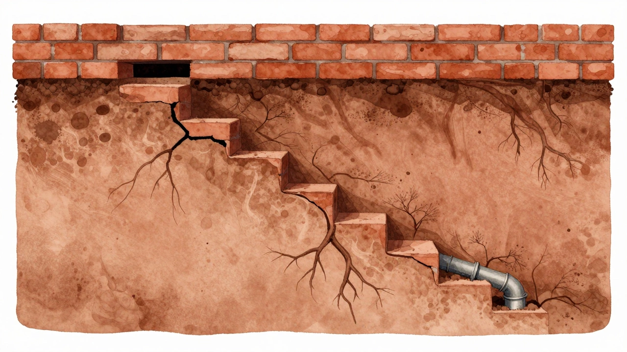 Cross-section of an old house foundation with cracks, tree roots, and shifting clay soil.