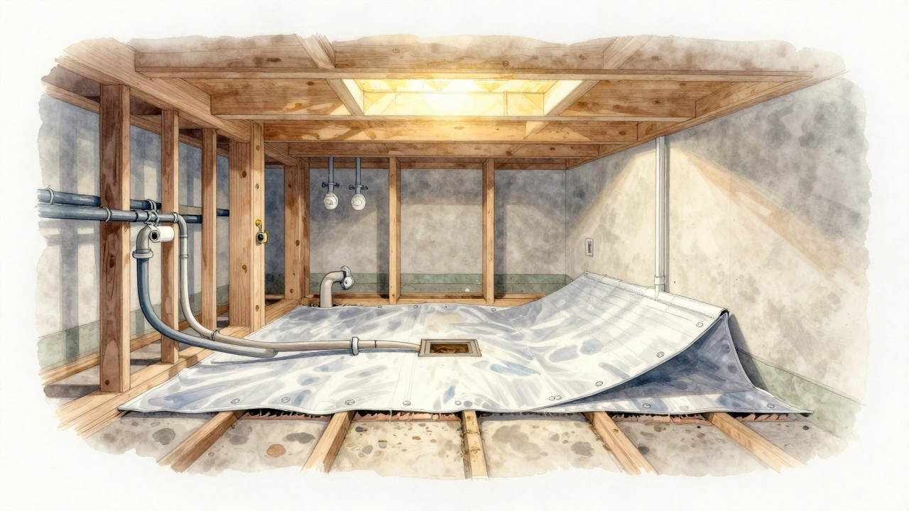 Cross-section of bathroom floor showing water lines, waste pipes, and waterproofing beneath the subfloor.