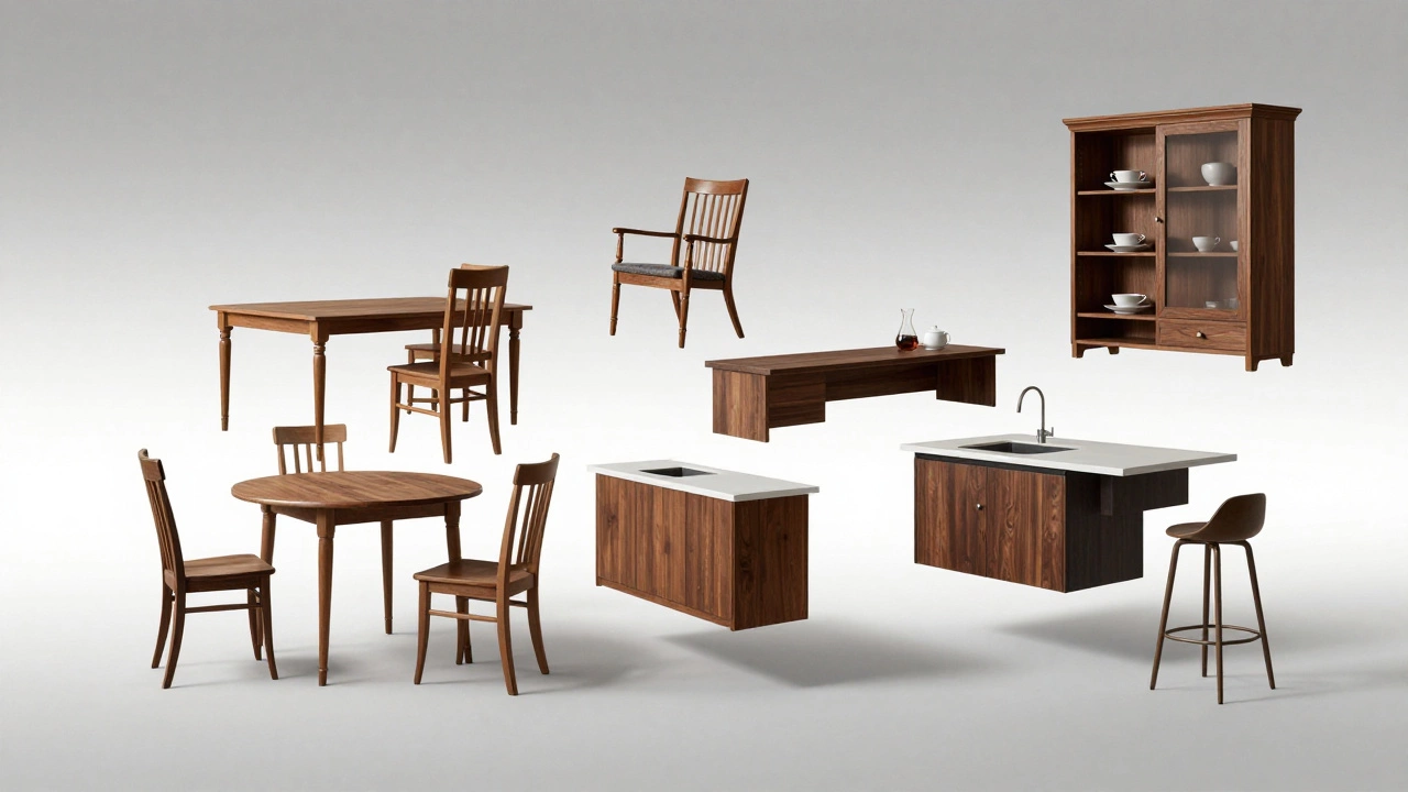 Fading dining room furniture transforming into compact, modern meal solutions.