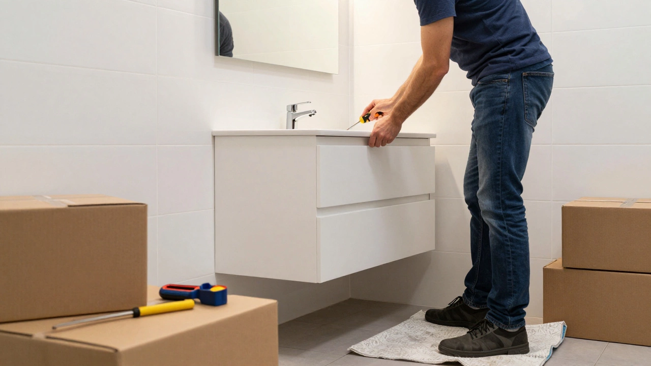 Homeowner installing a bathroom vanity with tools and supplies from Bunnings.