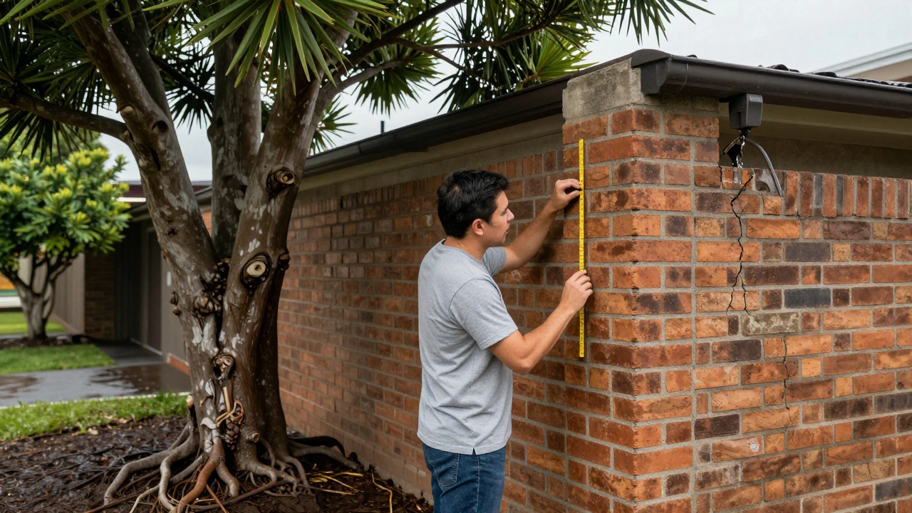 Homeowner measuring a crack in brick wall near a large tree and overflowing gutter.