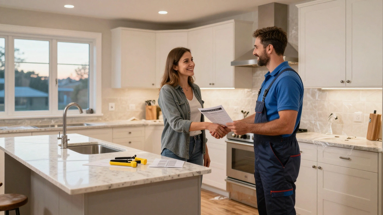 Homeowner receiving final walkthrough checklist from general contractor in newly renovated kitchen.