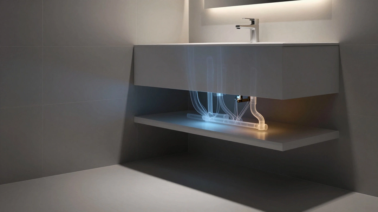 Modern bathroom with translucent overlays of hidden plumbing and electrical systems beneath the surface.