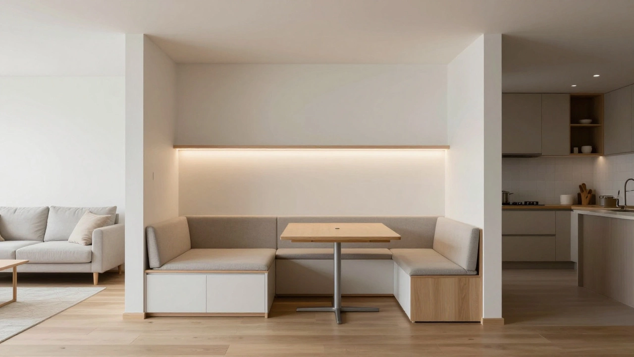 Multi-functional meal zone with fold-down table and hidden storage in a small home.