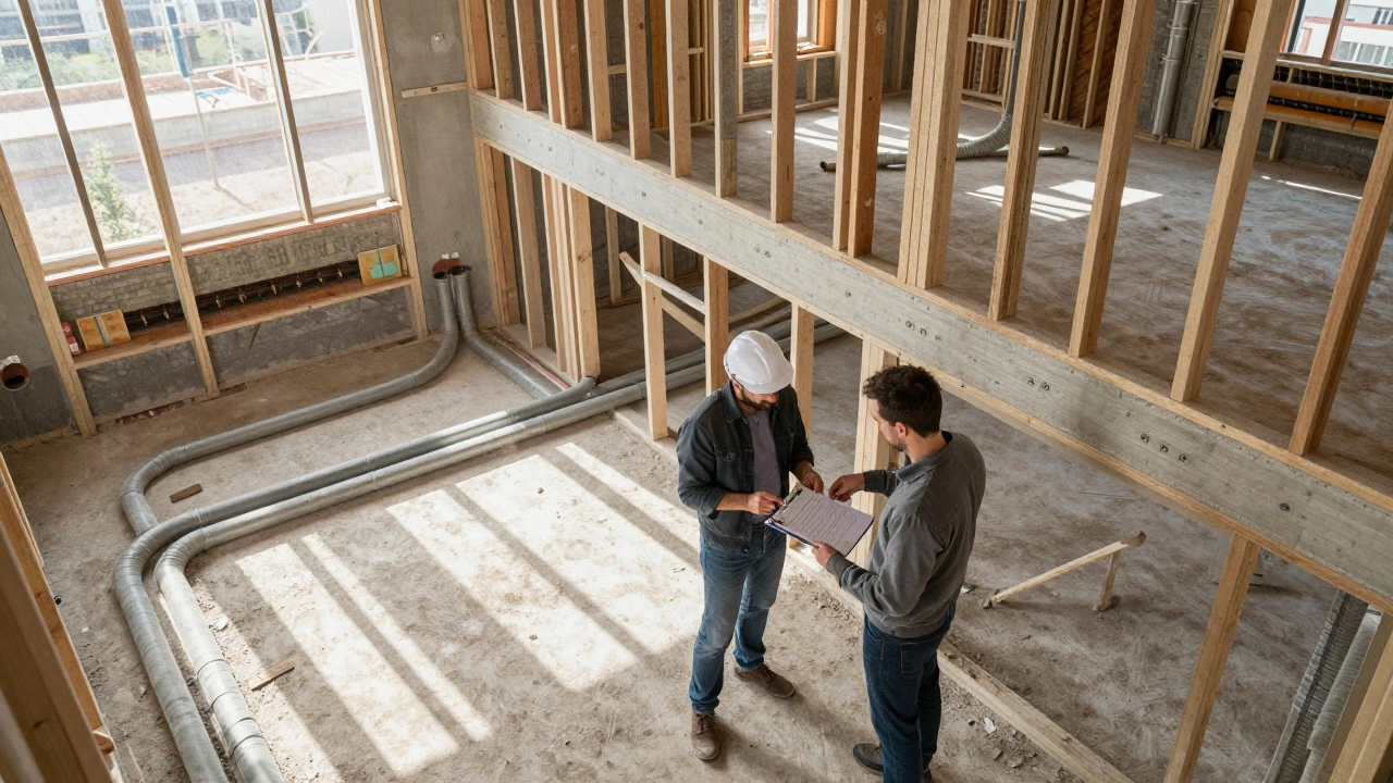 Overhead view of organized electrical and plumbing rough-ins during a construction inspection.