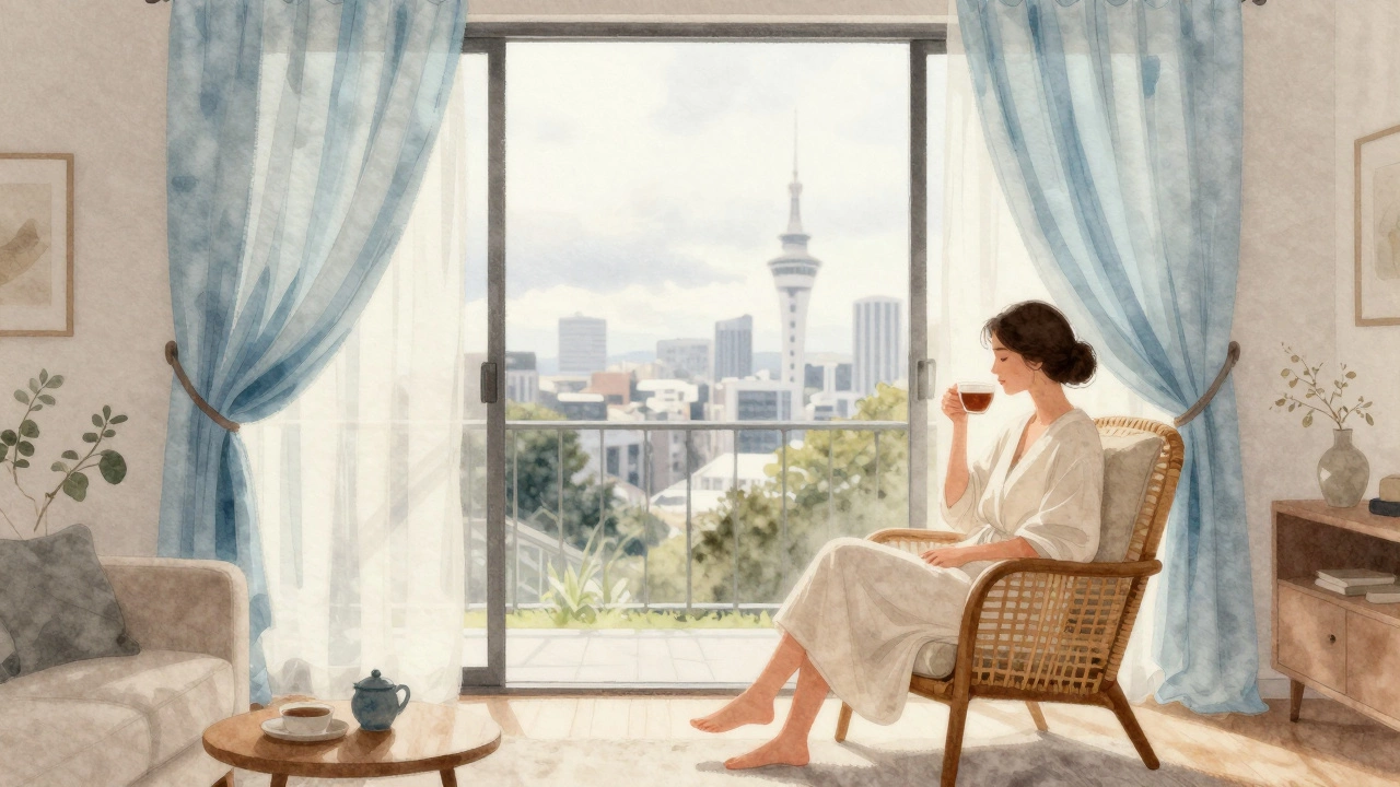Pale sky blue curtains in a cozy living room, gentle light casting a peaceful haze.