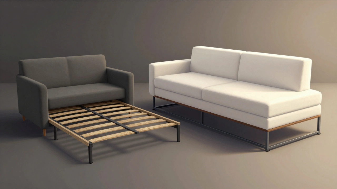 Side-by-side comparison: a sagging low-quality sofa bed versus a sturdy, well-designed premium model.