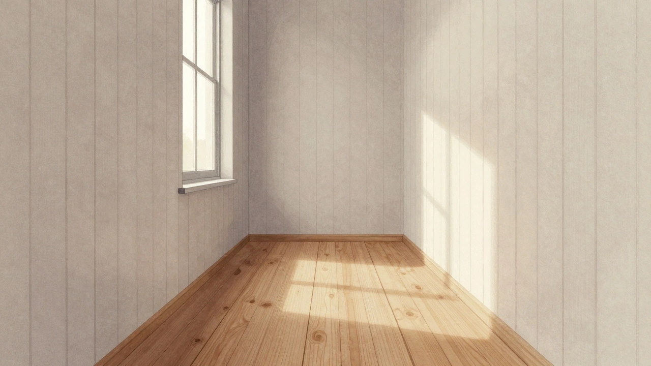 Small bathroom with vertical floor planks making the ceiling appear higher.