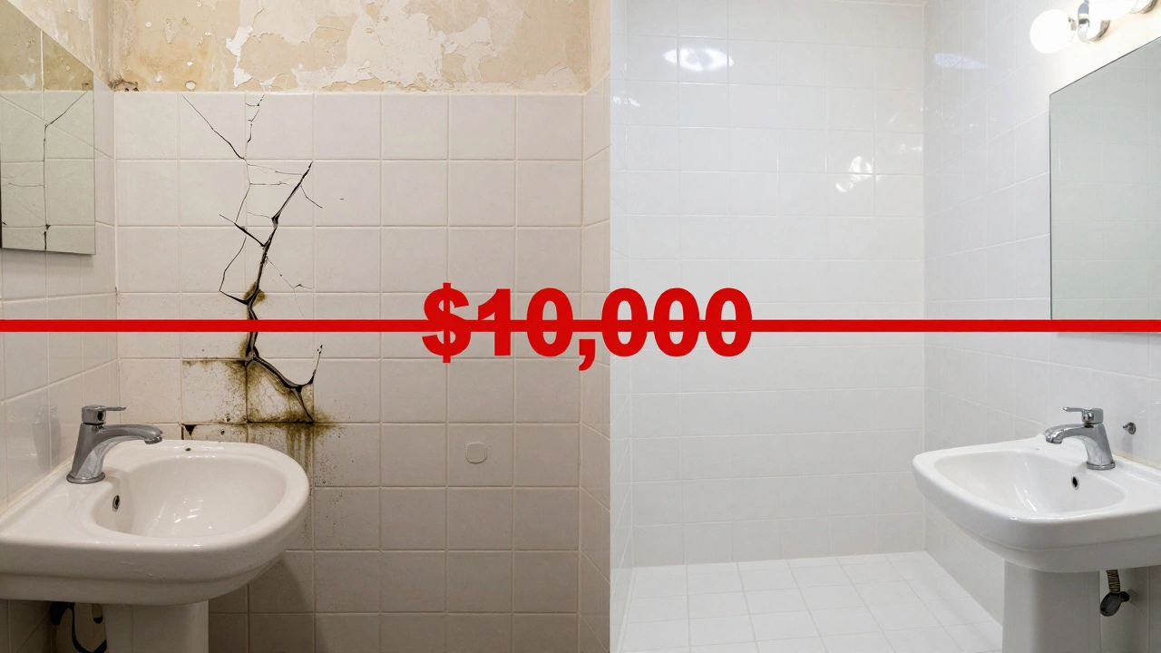 Split image: old moldy bathroom vs. renovated clean bathroom on a k budget.