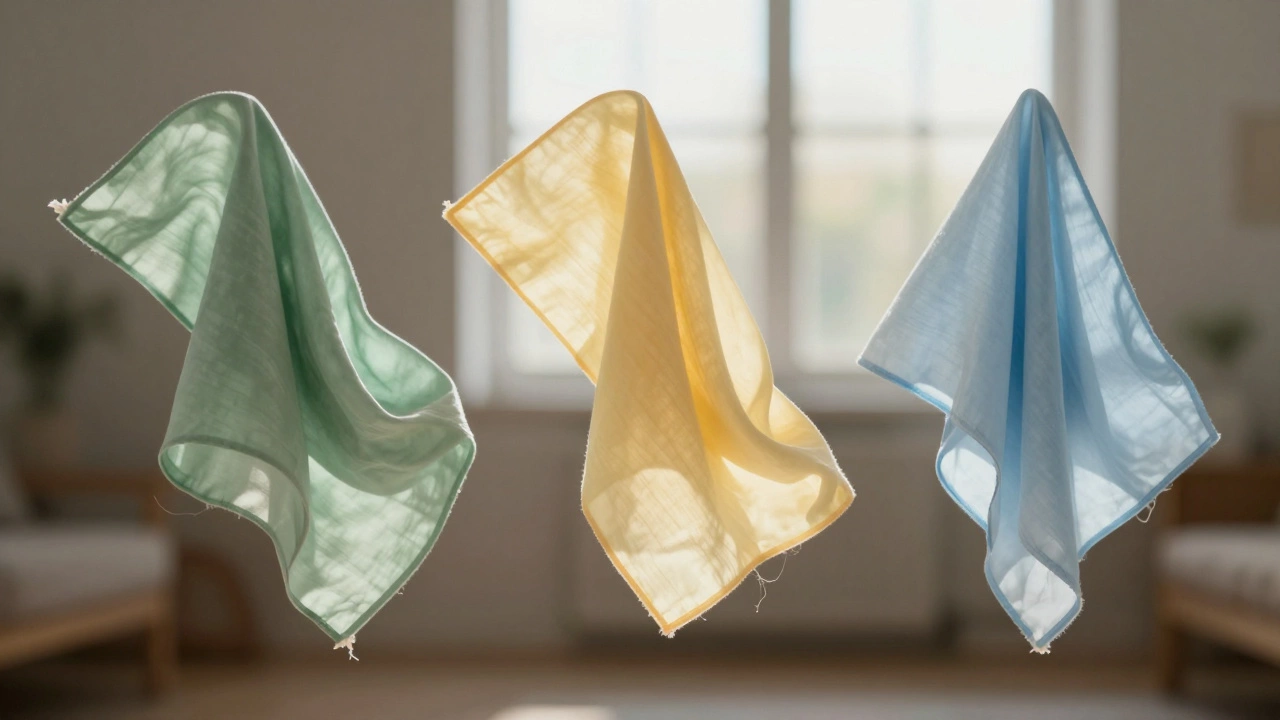 Three uplifting curtain colors—sage, yellow, and sky blue—floating in soft daylight.