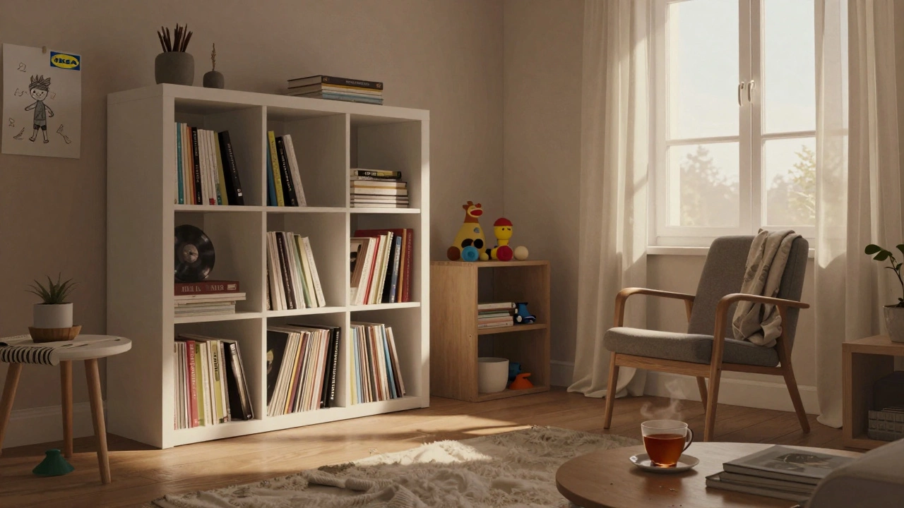A cozy British living room with IKEA furniture including a BILLY bookcase full of books and records.