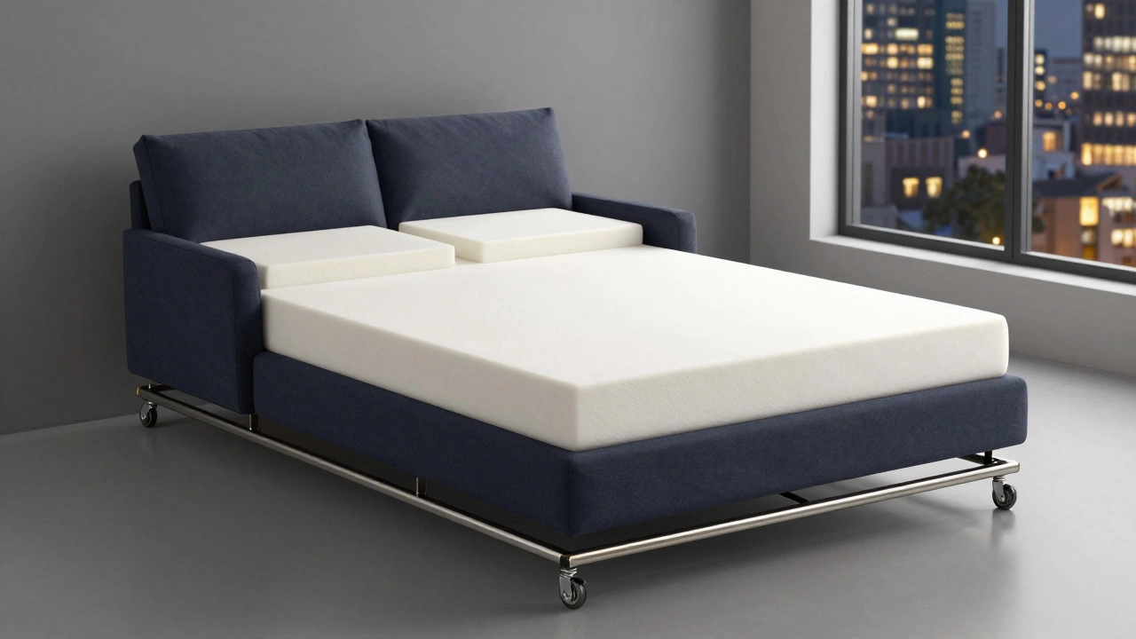 A modern sleeper sofa fully extended with a thick, comfortable mattress in a minimalist room.