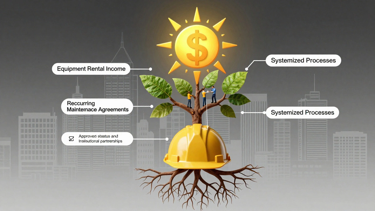 A tree growing from a hard hat, with fruit labeled recurring income sources, under a sun shaped like a dollar sign.