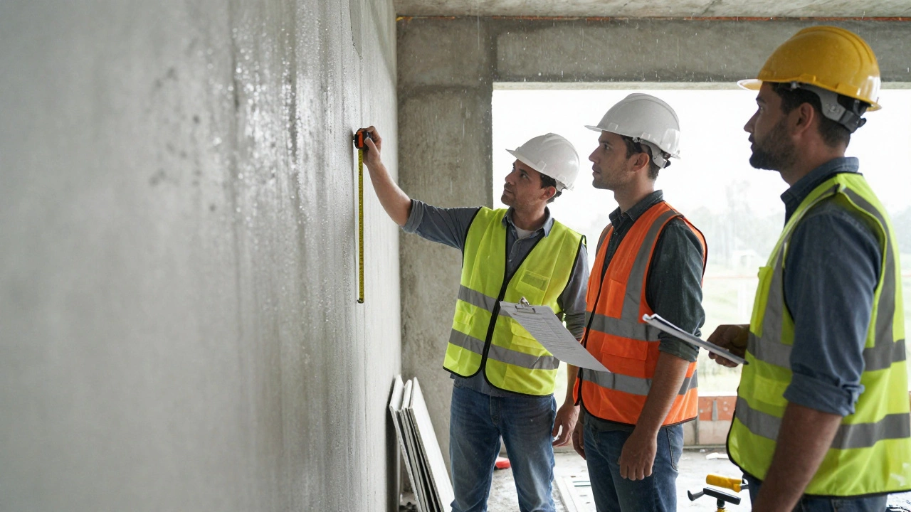 Architect inspecting construction site, checking wall alignment during build phase.