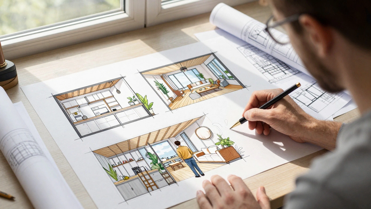 Architect presenting three design concepts to clients with sketches and 3D views.