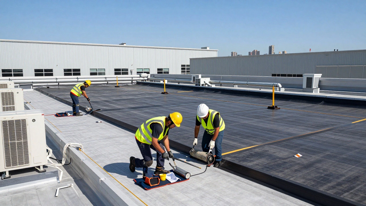 Commercial roofers installing a flat membrane roof on a warehouse with HVAC units nearby.