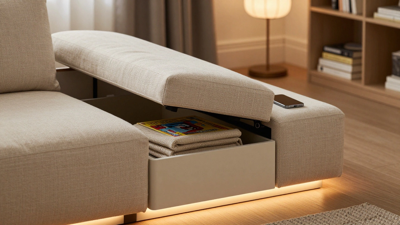 Corner sofa with lifted ottoman storage revealing blankets and games, glowing LED base, and charging armrest.