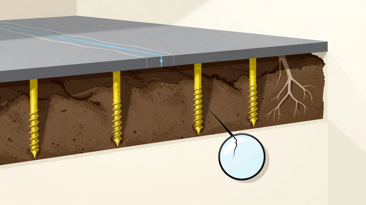 Cross-section of a house foundation with helical piers driven into clay soil, showing water saturation and a visible wall crack above.