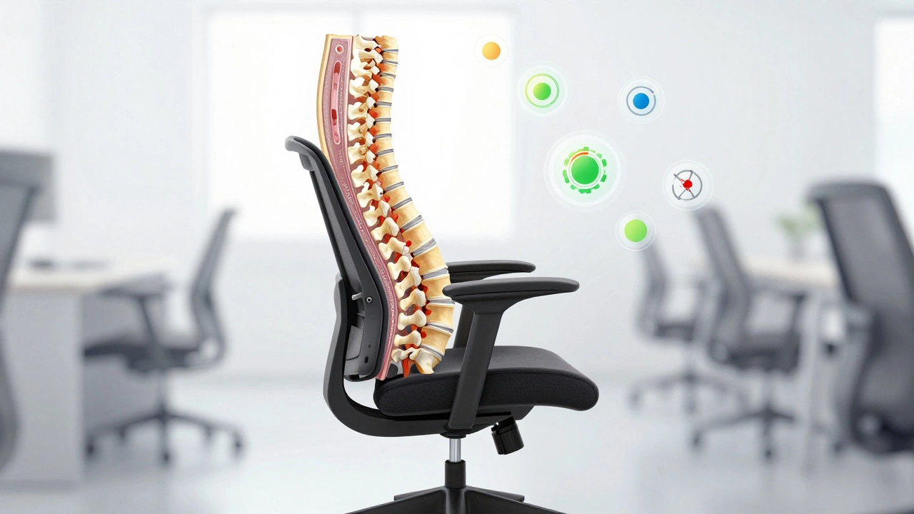 Cross-section of spine supported by an ergonomic chair's adaptive back system.