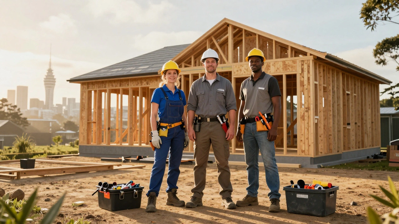 Diverse construction team standing beside a newly framed house with Auckland skyline in the distance.