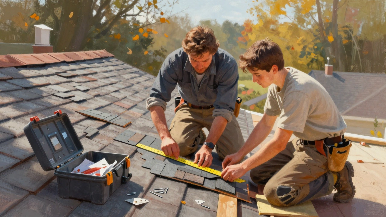 Experienced roofer teaching apprentice how to measure shingles on a residential roof.