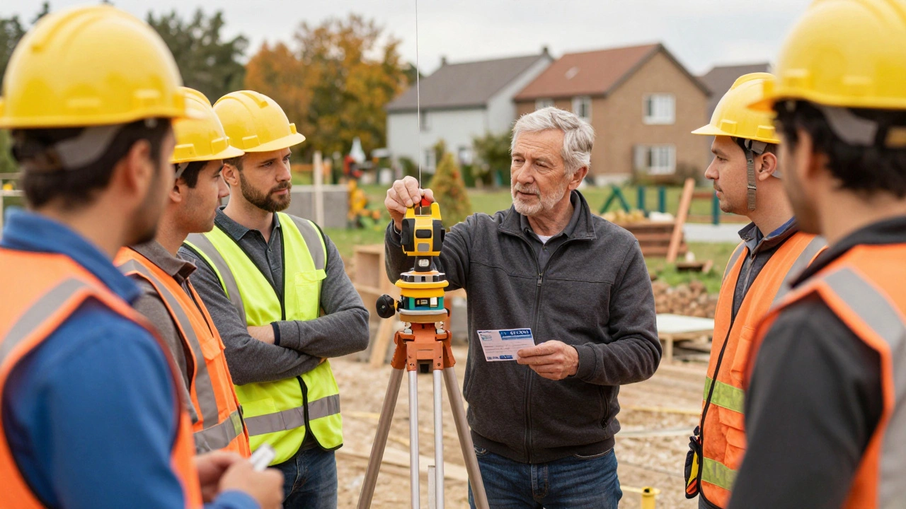 Experienced tradesperson mentoring apprentices on safety and tools at a quiet construction site.