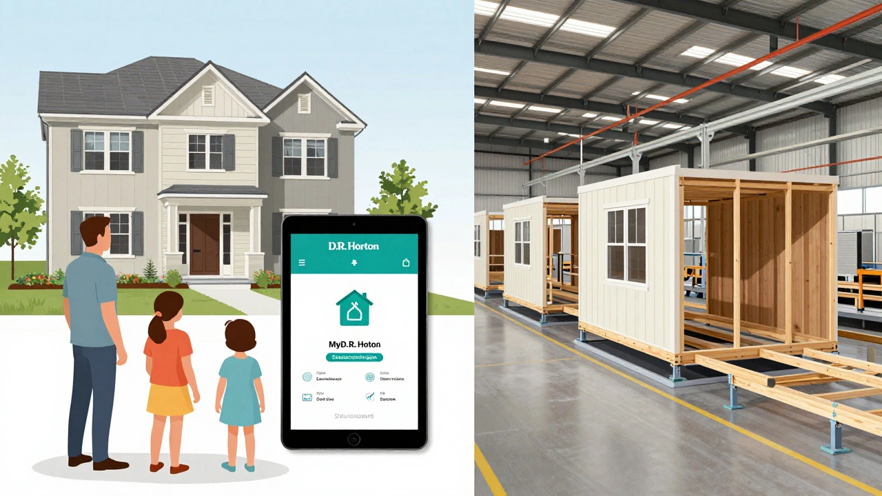 Family using a tablet to track home construction progress while modular home parts are assembled in a factory.